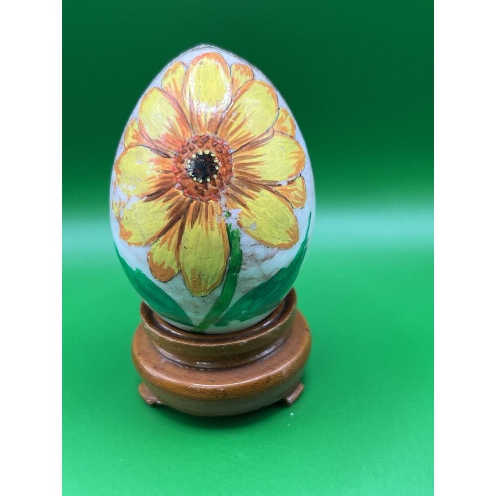Collectible Hand Painted Stone Easter Egg w/Flowers & Wood Stand